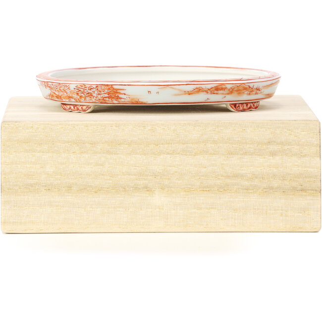 Oval red bonsai pot by Kutani - 113 x 80 x 15 mm