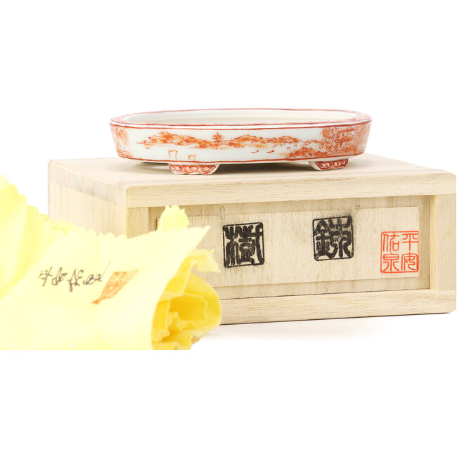 Vaso ovale rosso per bonsai di Kutani - 100 x 80 x 18 mm