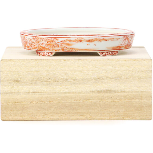 Oval red bonsai pot by Kutani - 100 x 80 x 18 mm