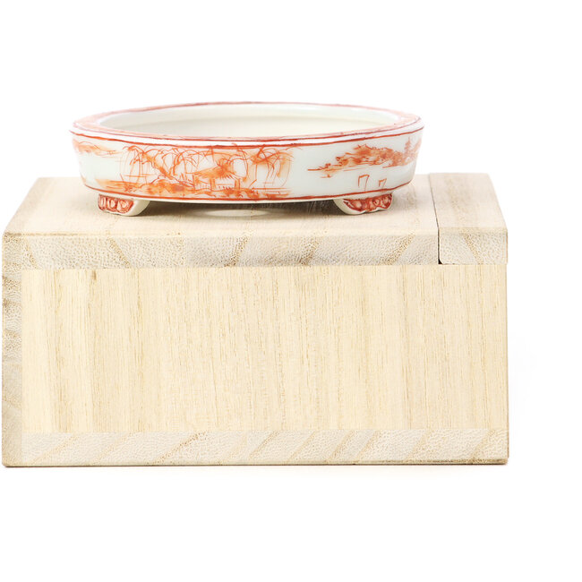 Oval red bonsai pot by Kutani - 100 x 80 x 18 mm