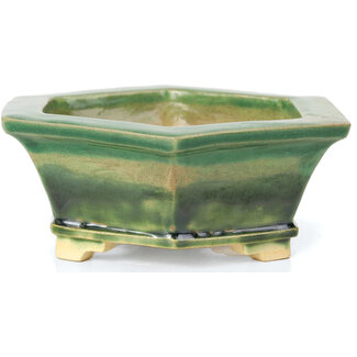 Keiun Fukuda 桂雲 140 mm hexagonal green bonsai pot by Keiun Fukuda, Japan