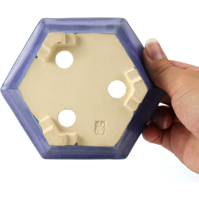 Hexagonal blue bonsai pot by Keiun Fukuda - 140 x 125 x 50 mm