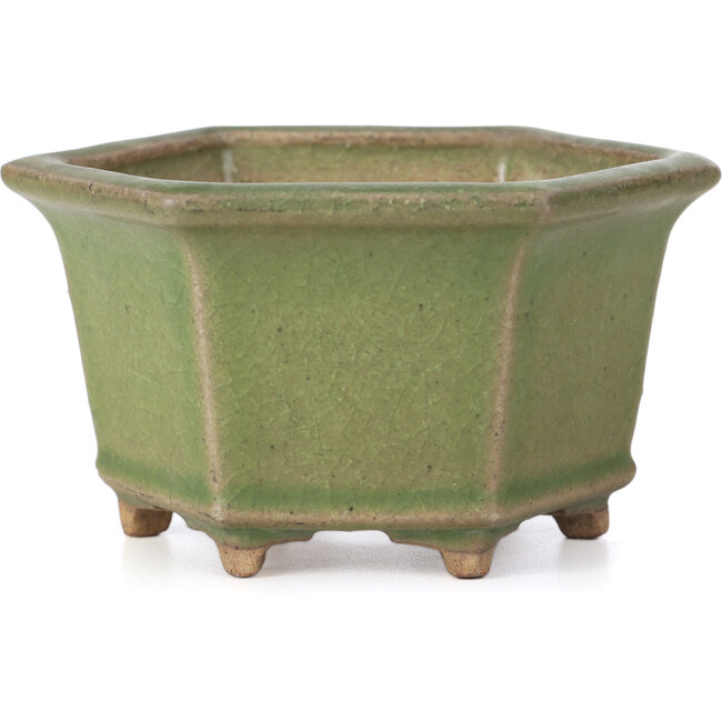 Hexagonal green bonsai pot by Hattori - 130 x 114 x 73 mm