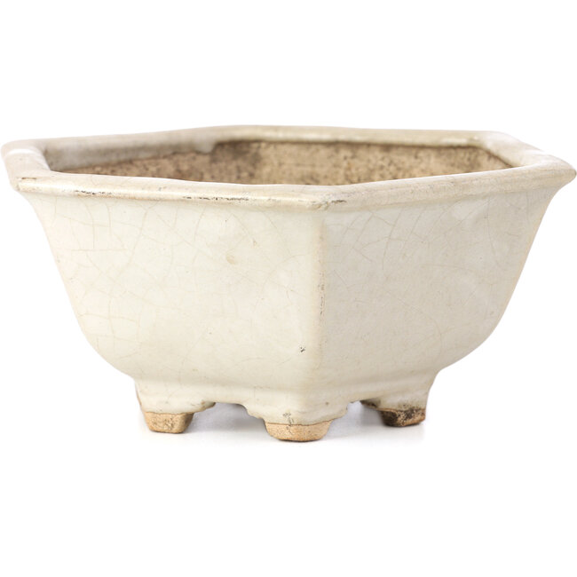 Zeshoekige witte bonsaipot van Hattori - 155 x 140 x 70 mm