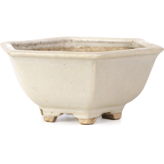 Zeshoekige witte bonsaipot van Hattori - 155 x 140 x 70 mm