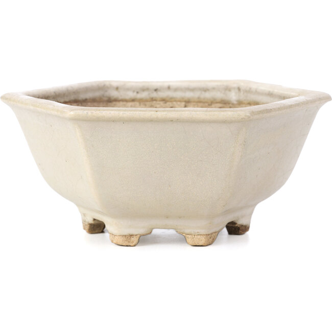 Hexagonal white bonsai pot by Hattori - 155 x 140 x 70 mm