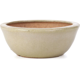 Hattori Tomoyuki 117 mm round beige bonsai pot by Hattori, Tokoname, Japan