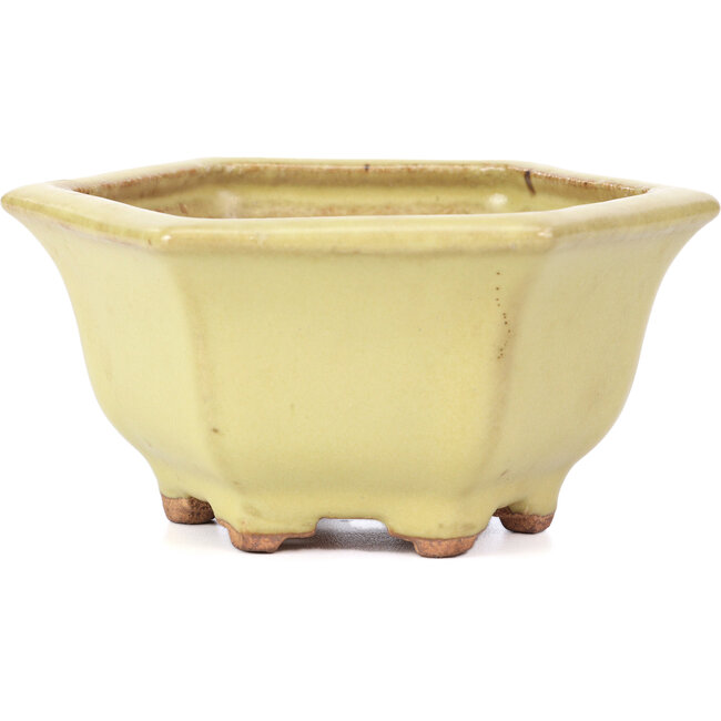 Hexagonal yellow bonsai pot by Hattori - 130 x 115 x 64 mm