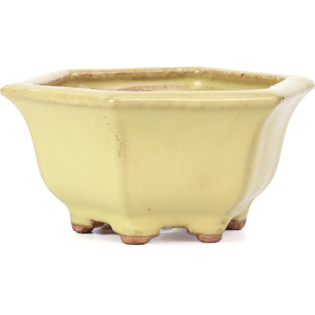 Hexagonal yellow bonsai pot by Hattori - 130 x 115 x 64 mm