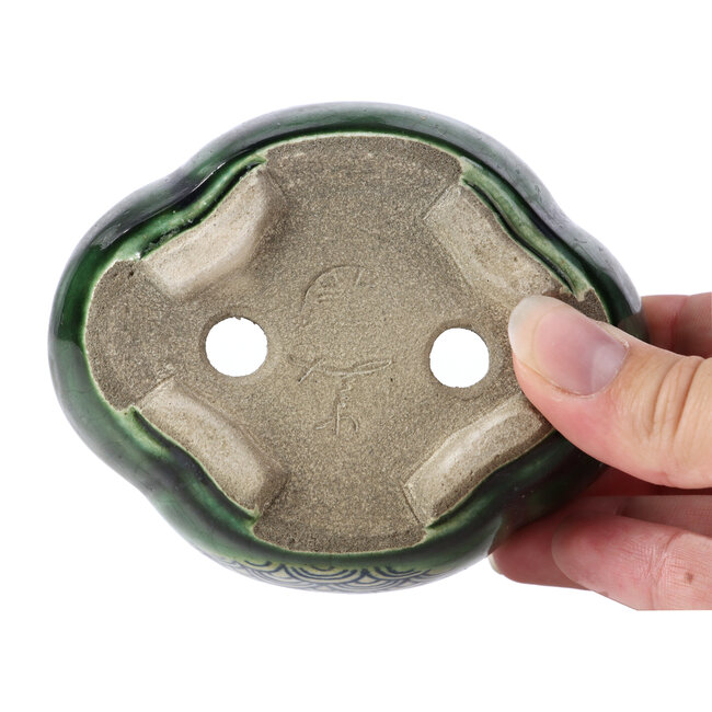 Mokkogrüne Bonsaischale von Terahata Satomi Mazan - 101 x 87 x 40 mm