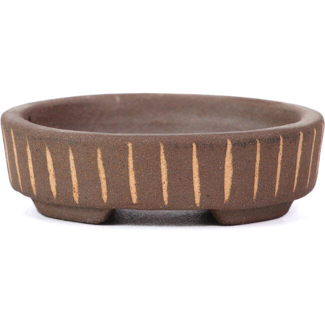 Ronde ongeglazuurde bonsaipot van Terahata Satomi Mazan - 75 x 75 x 22 mm