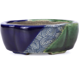  Satomi Mazan, Mazan Terahata Vaso per bonsai blu mokko da 101 mm di Terahata Satomi Mazan, Tokoname, Giappone