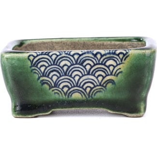  Satomi Mazan, Mazan Terahata 87 mm rectangular green bonsai pot by Terahata Satomi Mazan, Tokoname, Japan