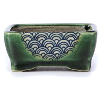  Satomi Mazan, Mazan Terahata 87 mm rectangular green bonsai pot by Terahata Satomi Mazan, Tokoname, Japan