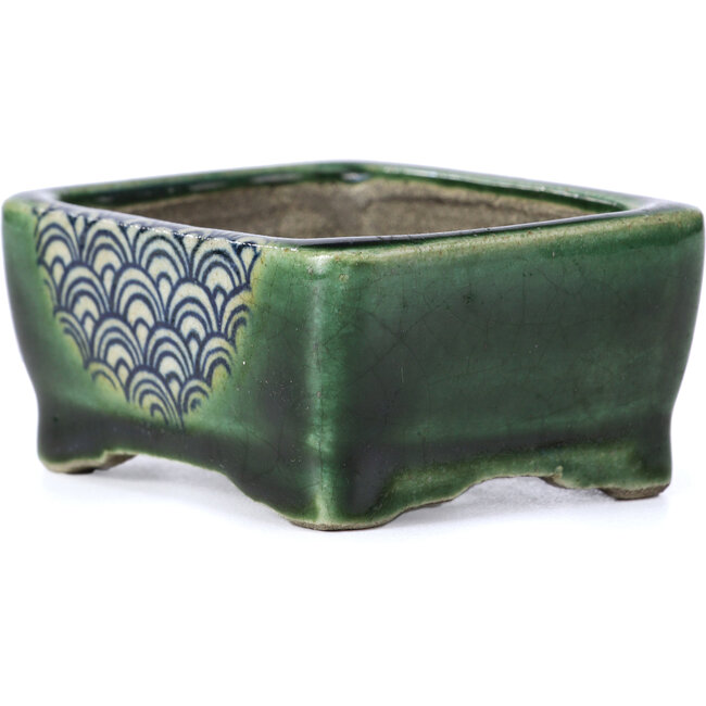 Rechthoekige groene bonsaipot van Terahata Satomi Mazan - 87 x 65 x 37 mm