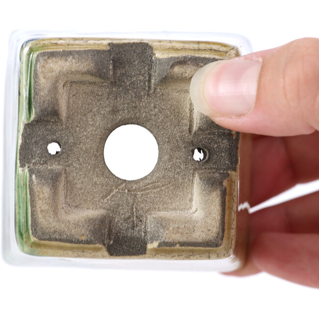 Square beige bonsai pot by Terahata Satomi Mazan - 65 x 65 x 70 mm