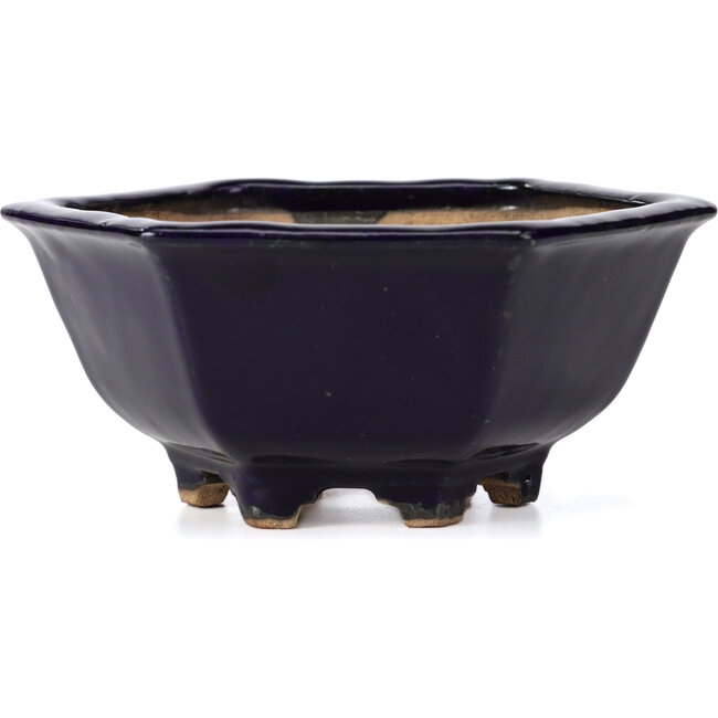 Hexagonal blue bonsai pot by Hattori - 155 x 140 x 70 mm