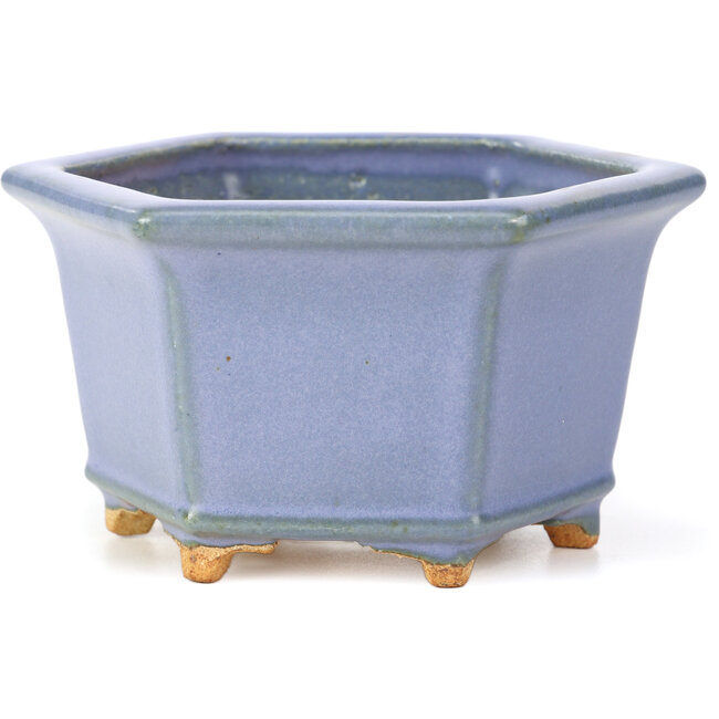 Hexagonal blue bonsai pot by Hattori - 128 x 113 x 72 mm