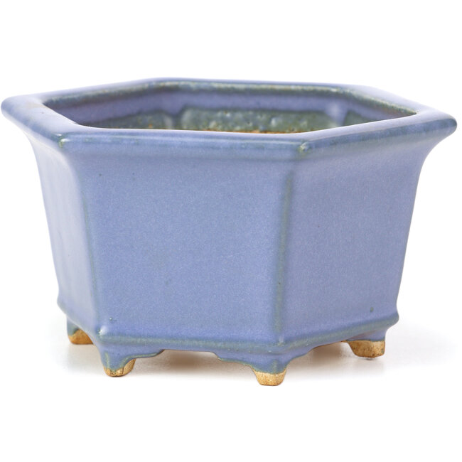 Hexagonal blue bonsai pot by Hattori - 128 x 113 x 72 mm