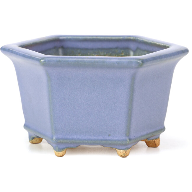 Hexagonal blue bonsai pot by Hattori - 128 x 113 x 72 mm