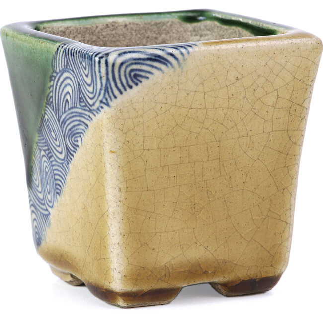 Square beige bonsai pot by Terahata Satomi Mazan - 65 x 65 x 70 mm