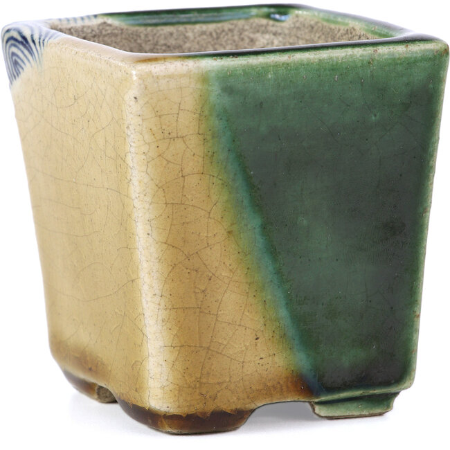 Quadratische beige Bonsaischale von Terahata Satomi Mazan - 65 x 65 x 70 mm