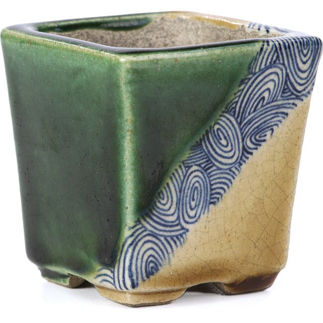 Square beige bonsai pot by Terahata Satomi Mazan - 65 x 65 x 70 mm