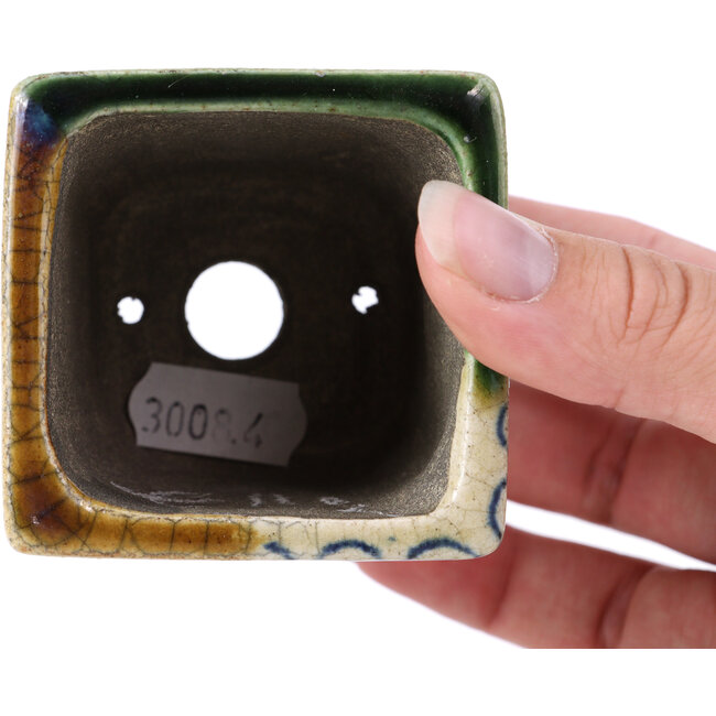 Quadratische beige Bonsaischale von Terahata Satomi Mazan - 65 x 65 x 70 mm