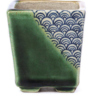  Satomi Mazan, Mazan Terahata 65 mm square green bonsai pot by Terahata Satomi Mazan, Tokoname, Japan