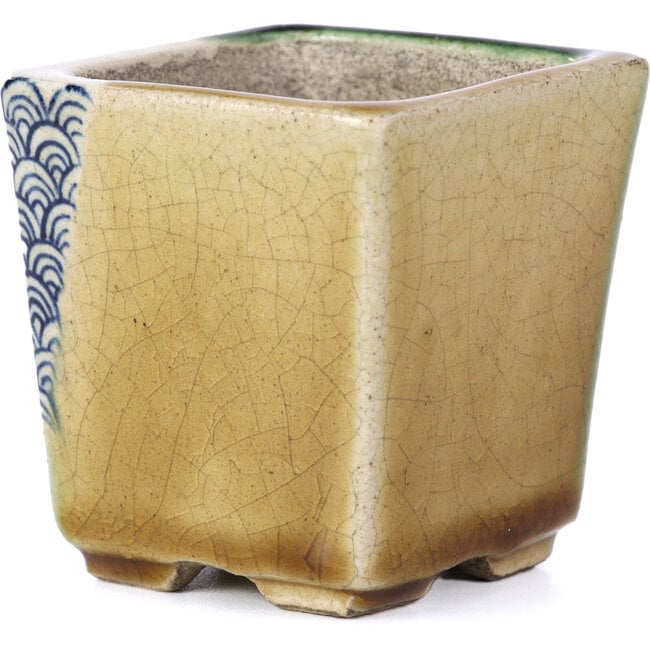 Square green bonsai pot by Terahata Satomi Mazan - 65 x 65 x 70 mm