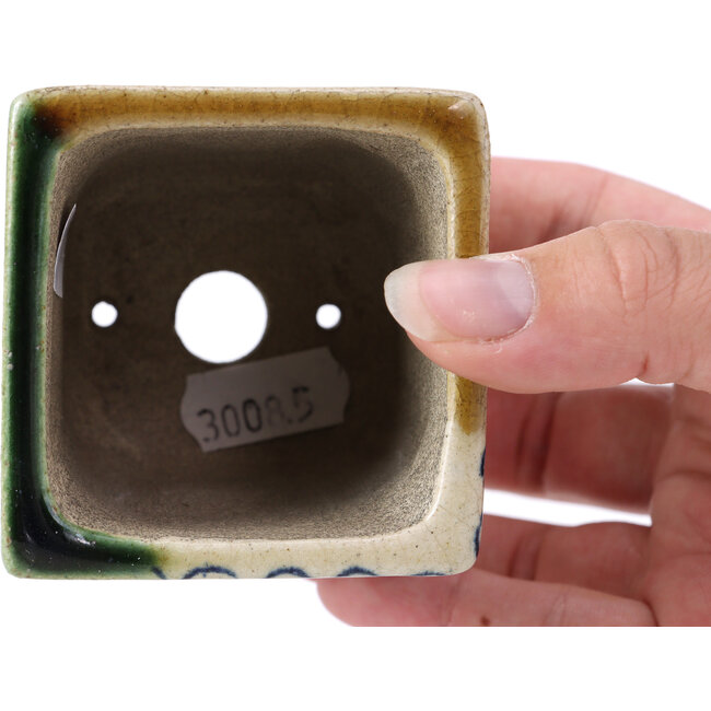 Square green bonsai pot by Terahata Satomi Mazan - 65 x 65 x 70 mm