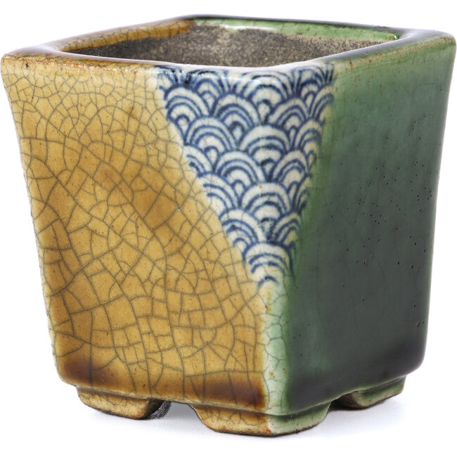 Square beige bonsai pot by Terahata Satomi Mazan - 65 x 65 x 70 mm