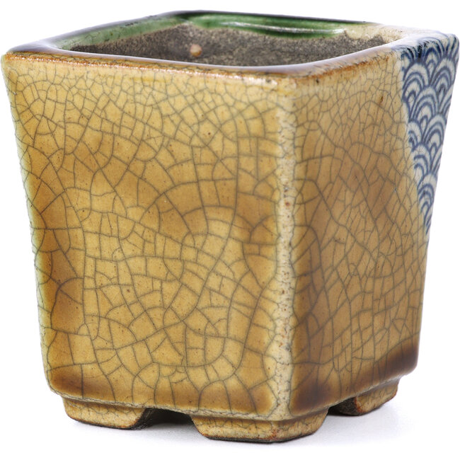Square beige bonsai pot by Terahata Satomi Mazan - 65 x 65 x 70 mm