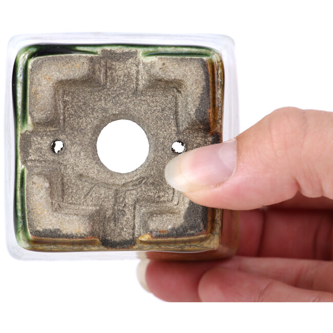 Quadratische beige Bonsaischale von Terahata Satomi Mazan - 65 x 65 x 70 mm