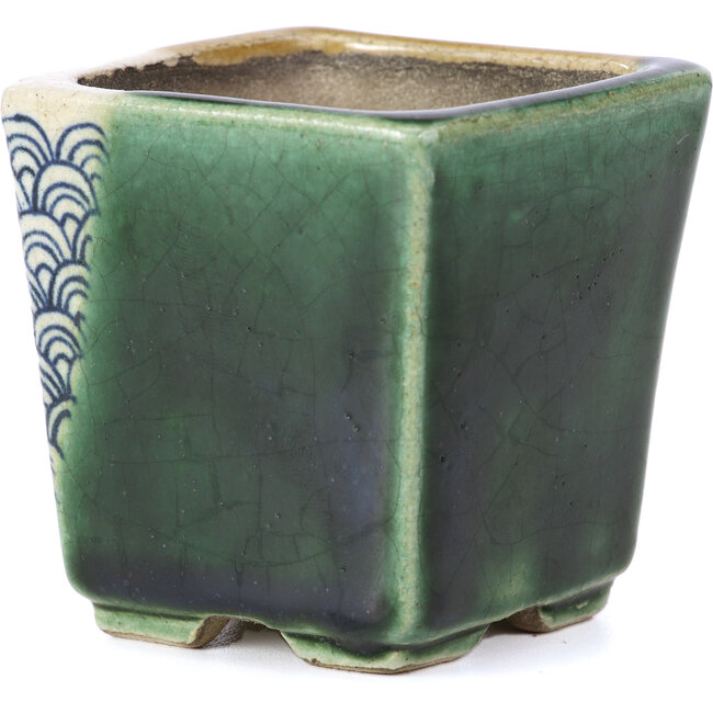 Square beige bonsai pot by Terahata Satomi Mazan - 65 x 65 x 70 mm