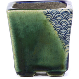  Satomi Mazan, Mazan Terahata 65 mm quadratische grüne Bonsaischale von Terahata Satomi Mazan, Tokoname, Japan
