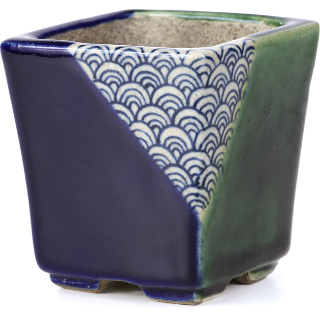 Square blue bonsai pot by Terahata Satomi Mazan - 65 x 65 x 70 mm