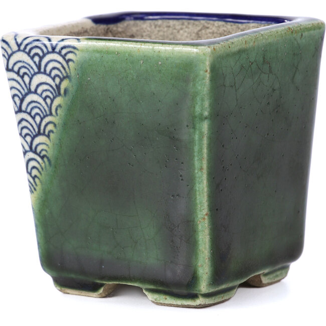 Square blue bonsai pot by Terahata Satomi Mazan - 65 x 65 x 70 mm
