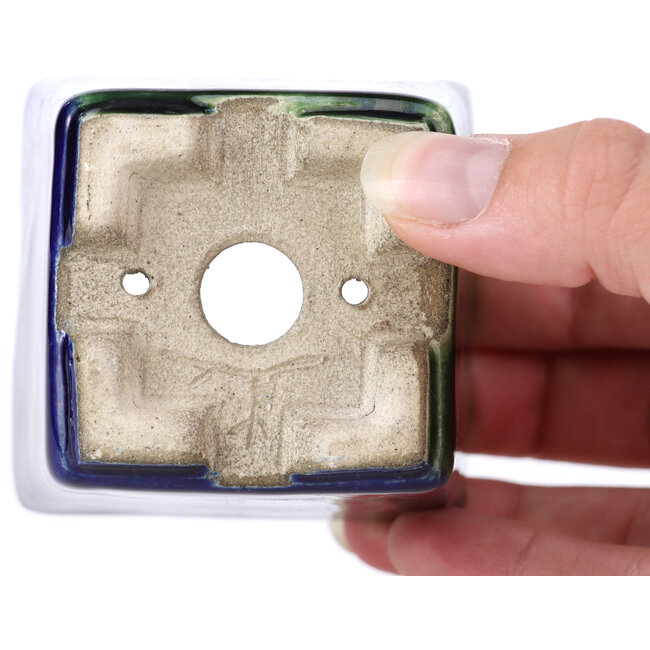 Quadratische blaue Bonsaischale von Terahata Satomi Mazan - 65 x 65 x 70 mm