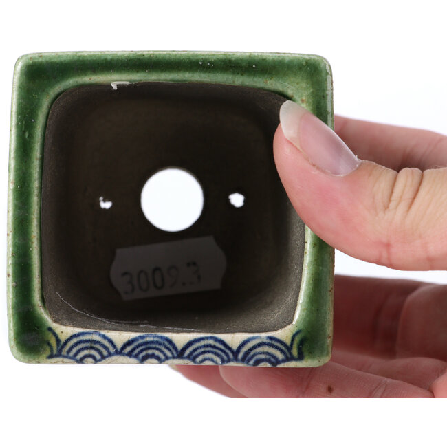 Square green bonsai pot by Terahata Satomi Mazan - 65 x 65 x 70 mm