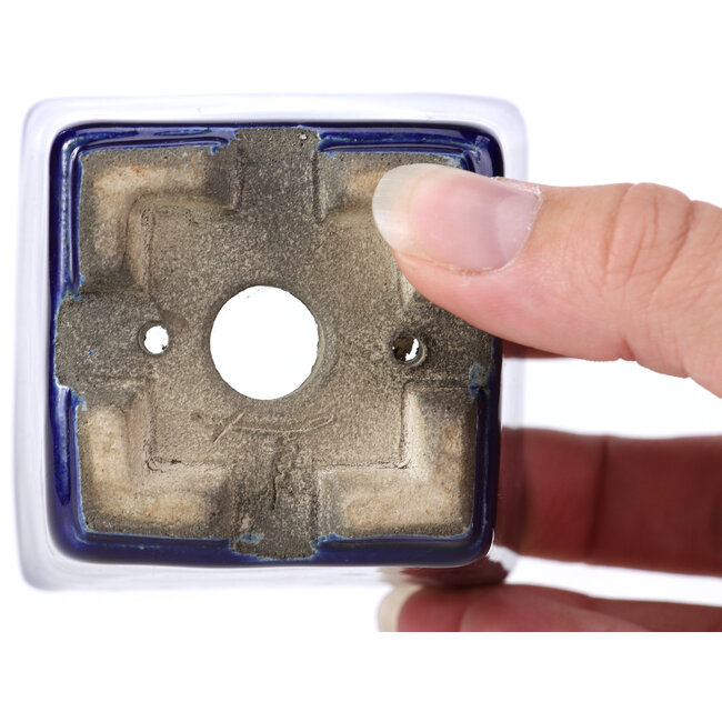 Vierkante blauwe bonsaipot van Terahata Satomi Mazan - 65 x 65 x 70 mm