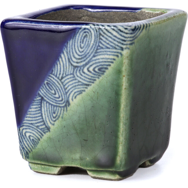 Quadratische blaue Bonsaischale von Terahata Satomi Mazan - 65 x 65 x 70 mm