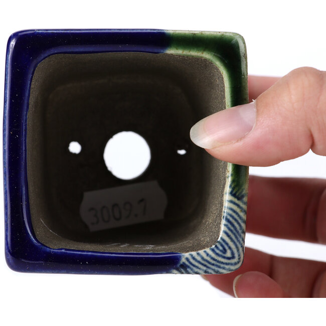 Vierkante blauwe bonsaipot van Terahata Satomi Mazan - 65 x 65 x 70 mm