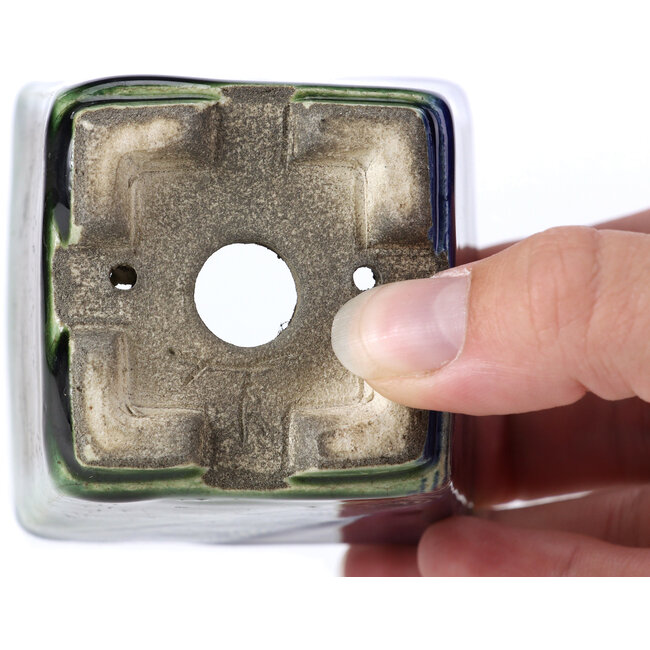 Square blue bonsai pot by Terahata Satomi Mazan - 65 x 65 x 70 mm