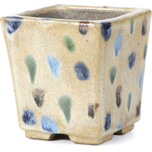 Quadratische beige Bonsaischale von Terahata Satomi Mazan - 65 x 65 x 70 mm