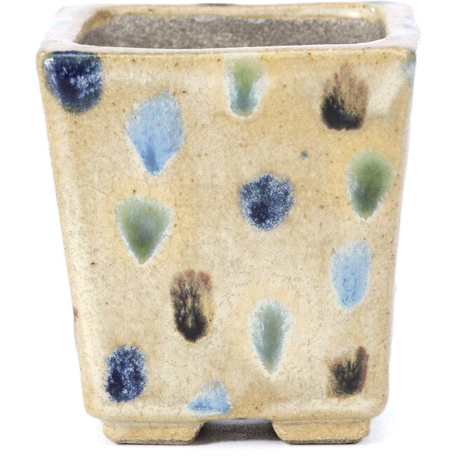 Square beige bonsai pot by Terahata Satomi Mazan - 65 x 65 x 70 mm