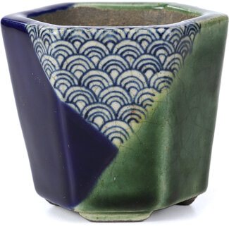  Satomi Mazan, Mazan Terahata 73 mm sechseckige grüne Bonsaischale von Terahata Satomi Mazan, Tokoname, Japan