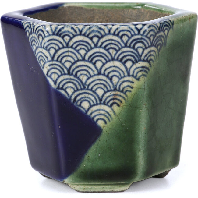 Maceta de bonsái verde hexagonal de Terahata Satomi Mazan - 73 x 65 x 65 mm