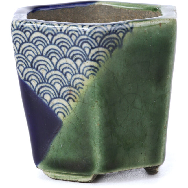 Pot à bonsaï hexagonal vert par Terahata Satomi Mazan - 73 x 65 x 65 mm