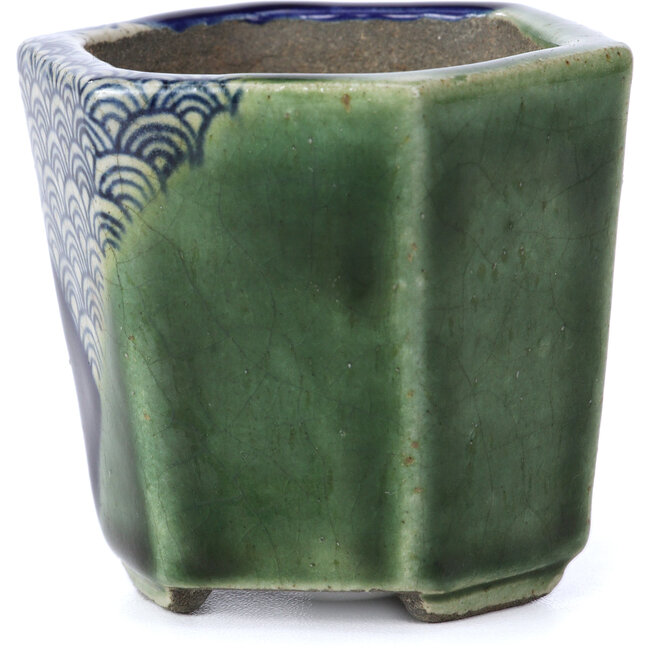 Sechseckige grüne Bonsaischale von Terahata Satomi Mazan - 73 x 65 x 65 mm